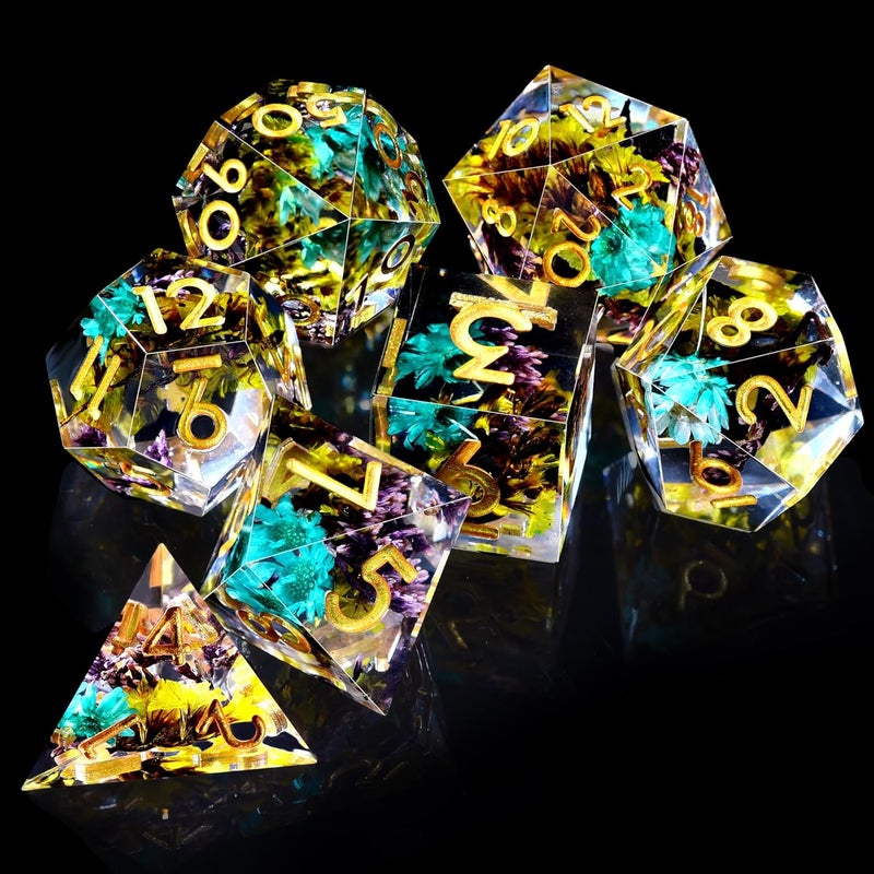 AUSTOR 7-Die DND Dice Set Handmade Sharp Edge Dice Resin Polyhedral Dice for Dungeons and Dragons RPG MTG Table Games（Yellow & Violet Glenflower） - Image 4